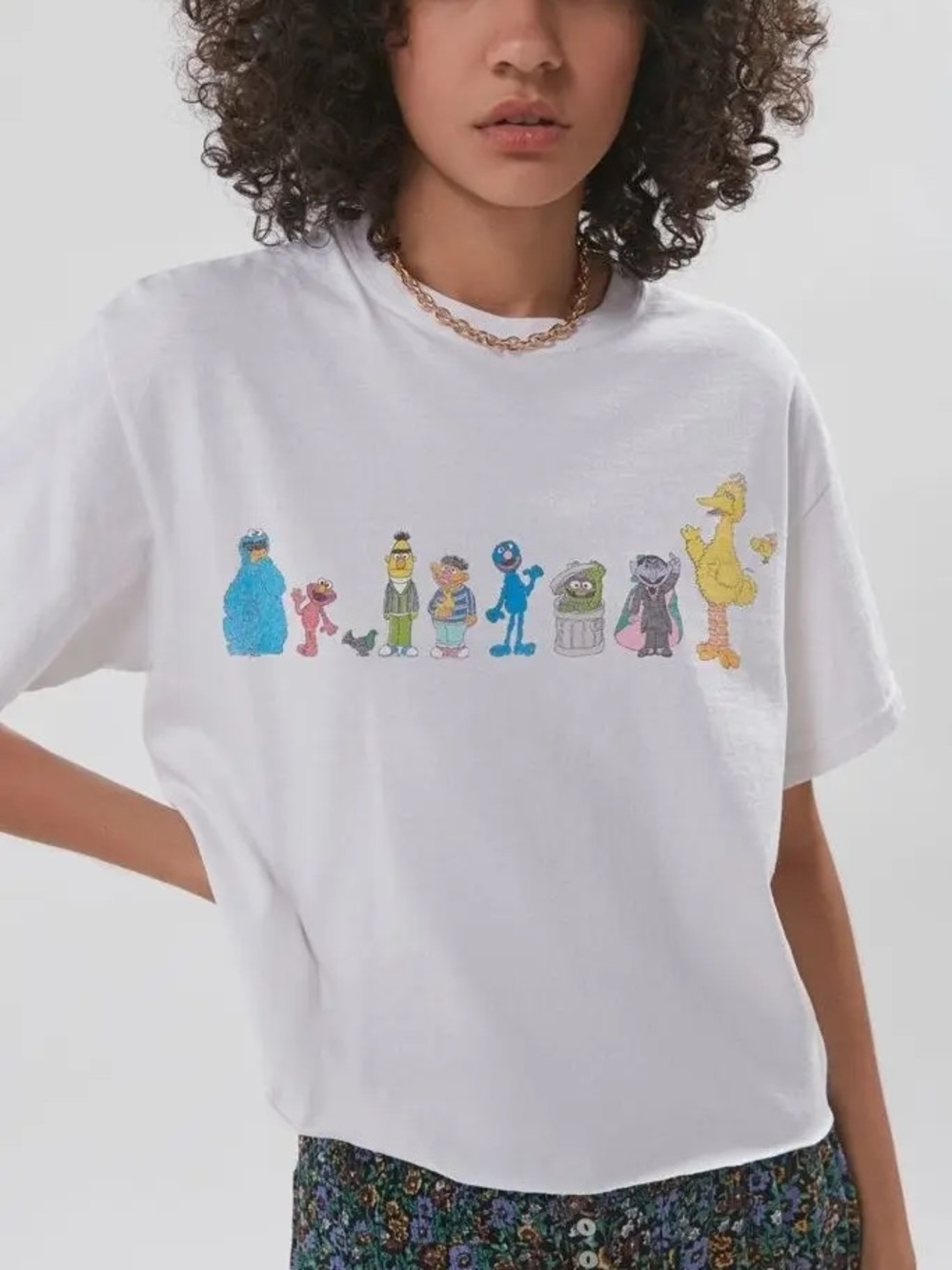 Sesame Street White Short Sleeve Crop Tee with Colorful Character Lineup Teacher